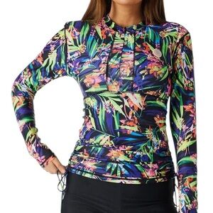 Relleciga Bamboo Floral UPF 50+ Long Sleeve 1/2 Zip Rashguard Swim Top Large